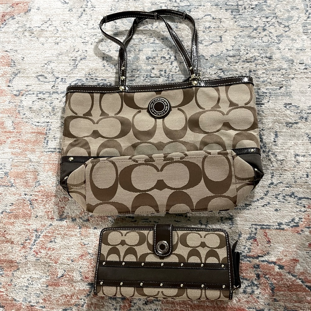 Brown Coach purse with matching wallet